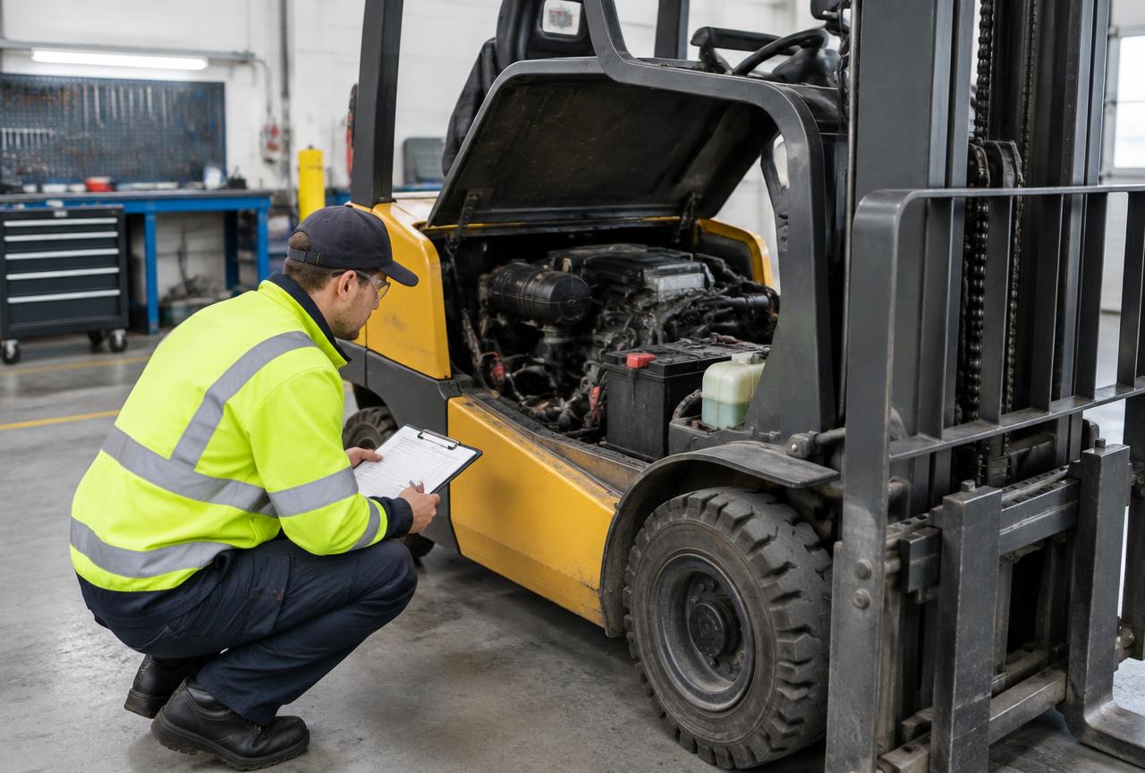 Technician inspecting a forklift in a service bay